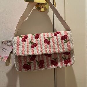 Cherry Embroidered Pink and White Women's Bag